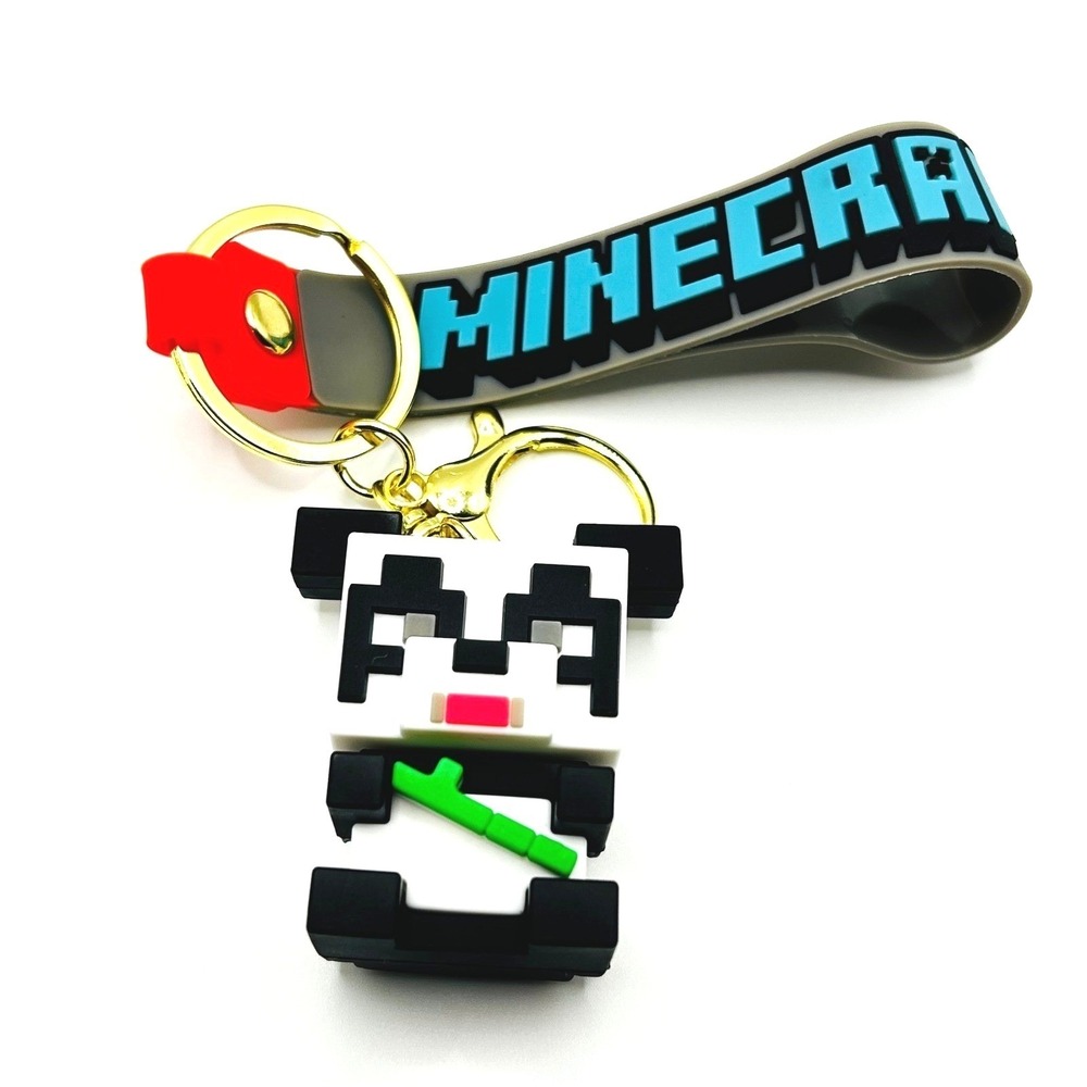 Panda Minecraft Keychain Unisex OS White Black Rubber Wristlet Strap Charm